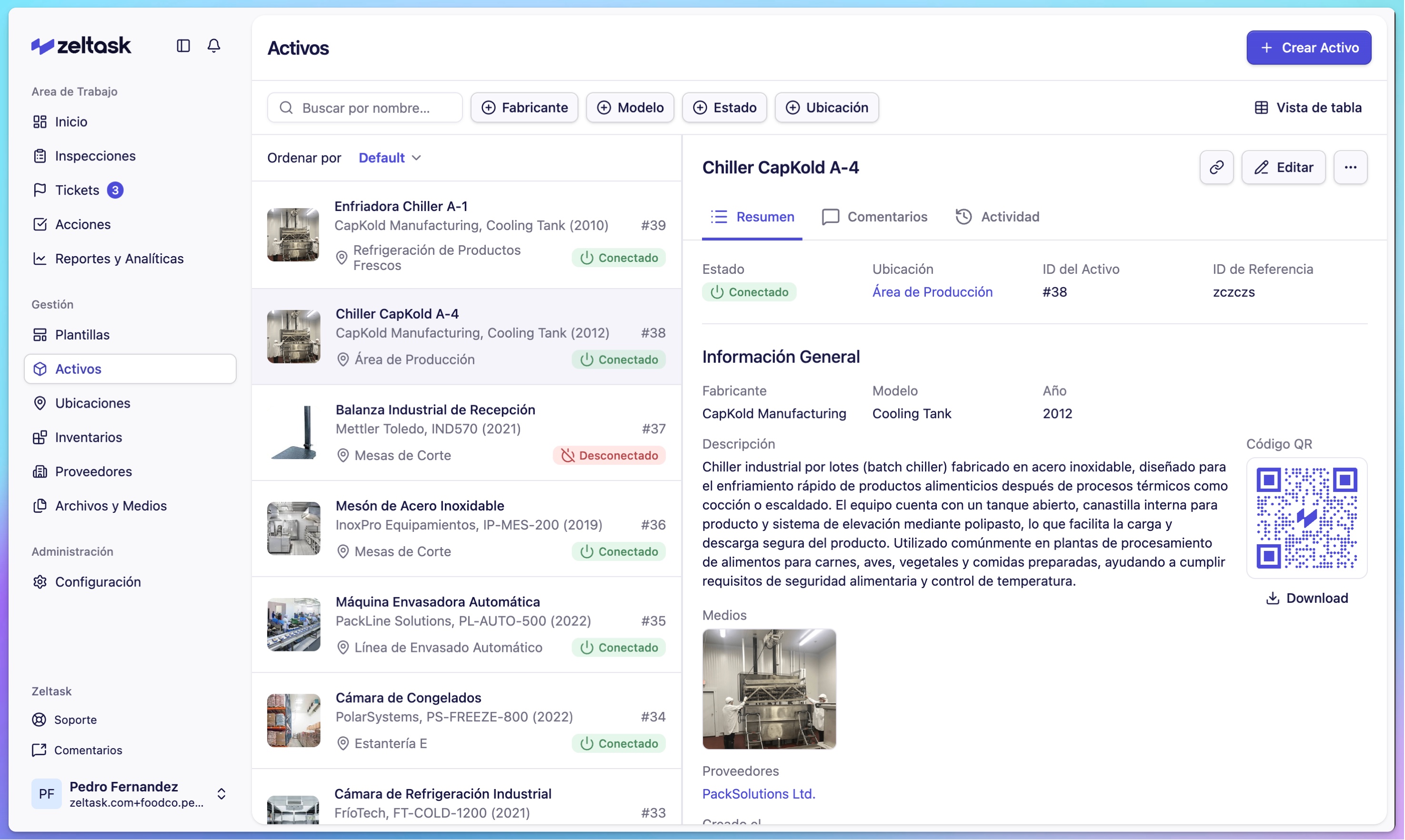 Asset detail view showing photo, specifications, and activity history